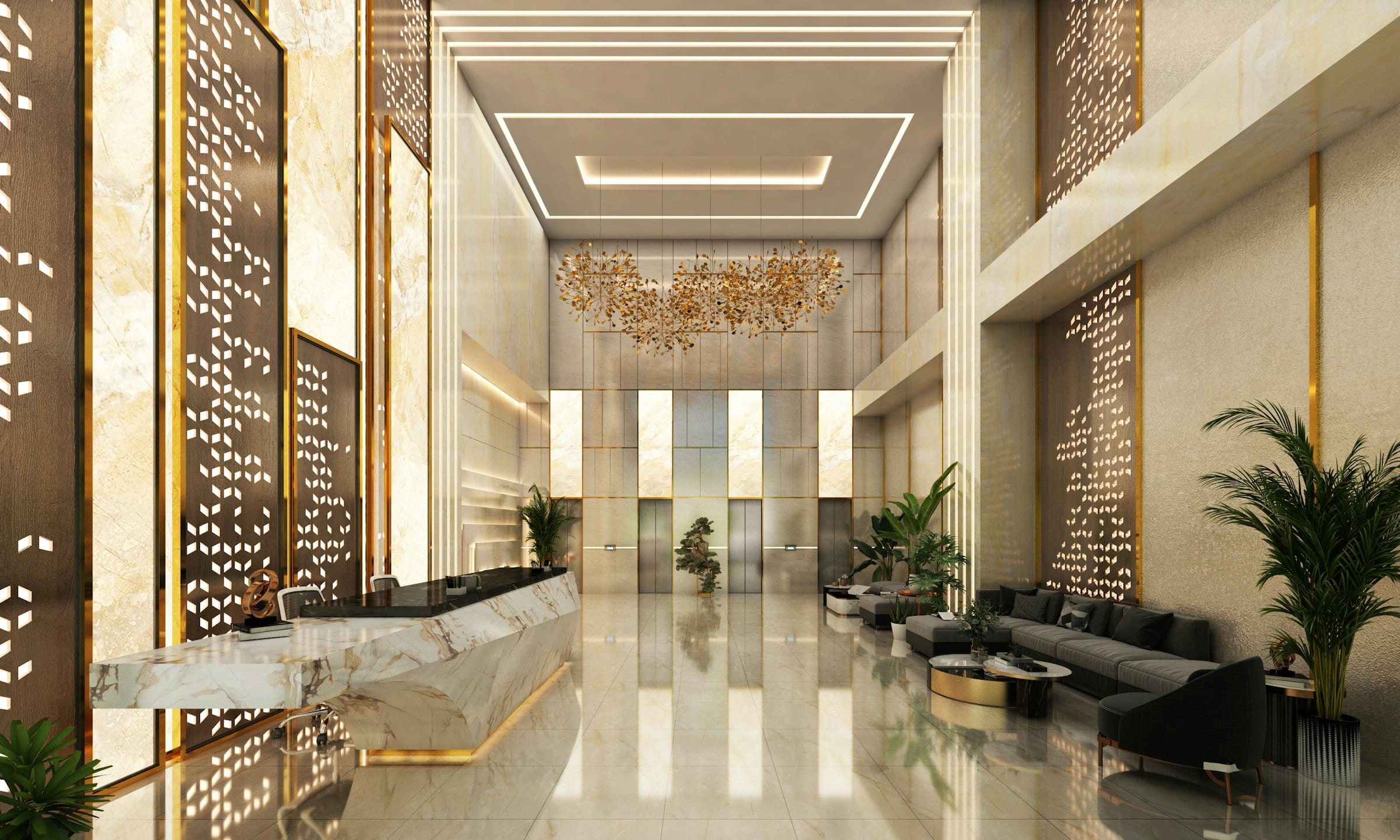 An upscale marble lobby with brass pendant lighting, evoking the established corporate craft behind Moweb's enterprise AI consulting